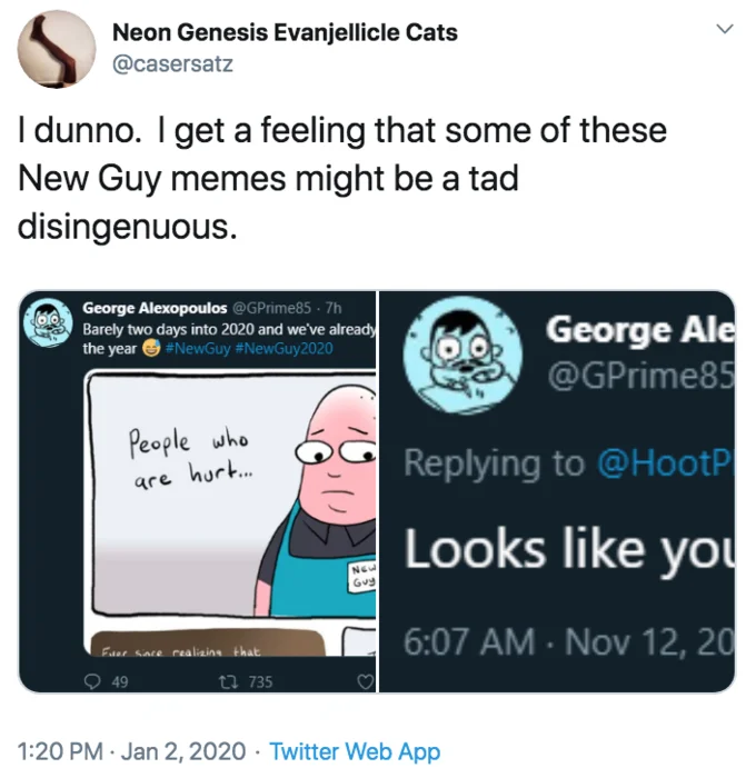 A tweet critiquing the wave of New Guy fan art as disingenuous during the January 2020 discourse.