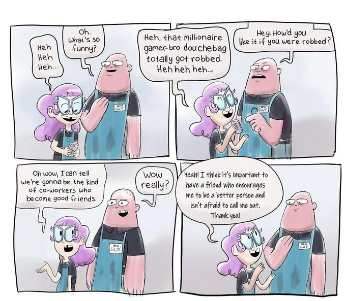 An edited version of the New Guy comic circulated to reframe its message more positively.