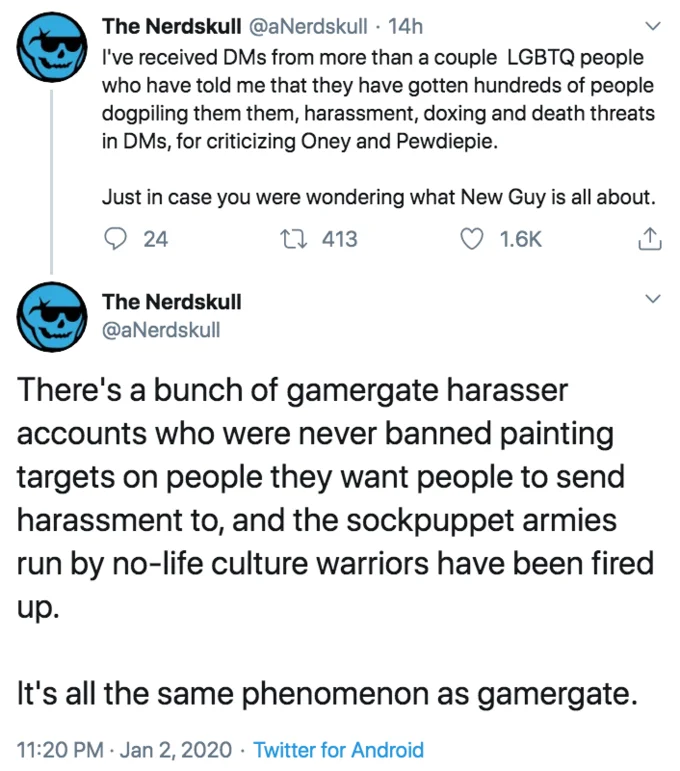 A tweet thread contextualizing the New Guy backlash as part of a broader harassment pattern.