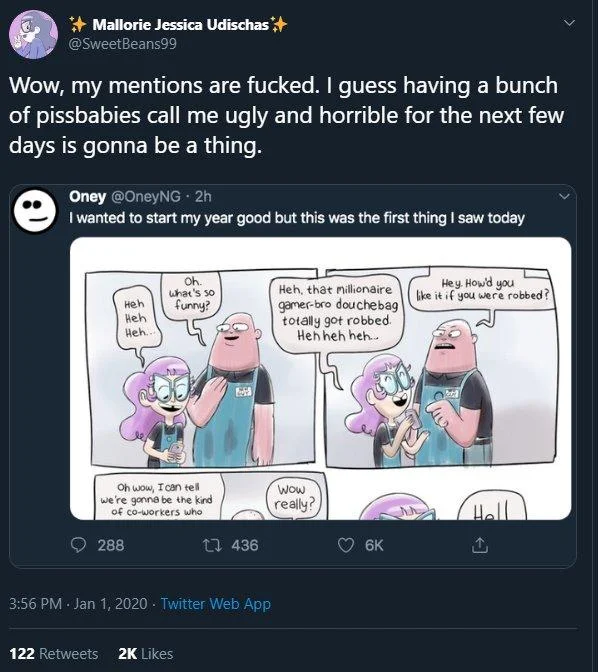A tweet from January 1, 2020 illustrating the backlash and harassment surrounding the New Guy meme controversy.