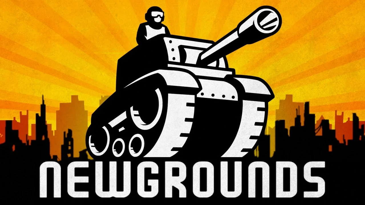 Newgrounds logo with tank, sunburst, and cityscape.