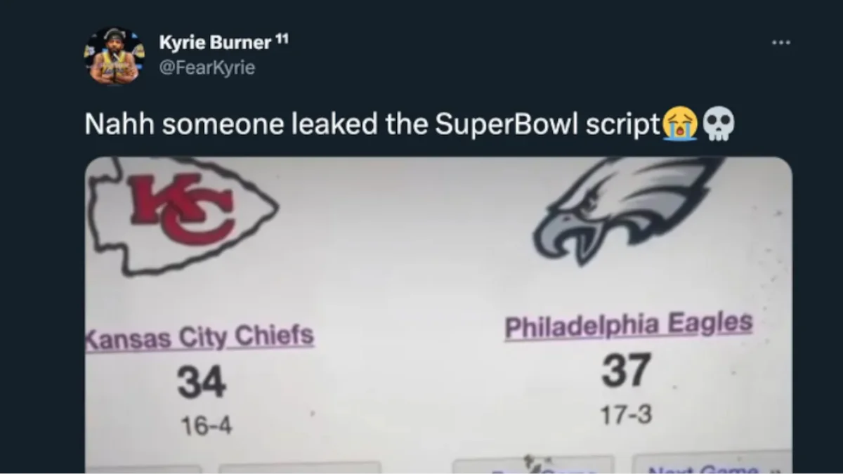A viral tweet joking that someone 'leaked the SuperBowl script,' showing a mocked-up final score between the Chiefs and Eagles that fueled the NFL scripted narrative.