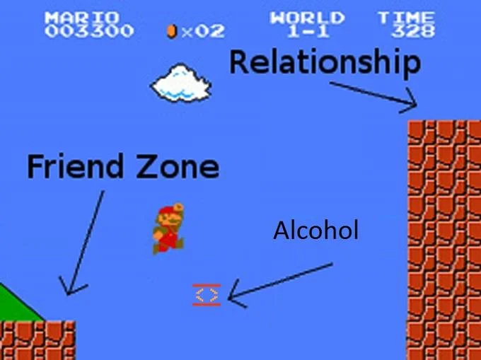 A Super Mario Bros. meme illustrating the 'Nice Guy' worldview of relationships as an obstacle course.