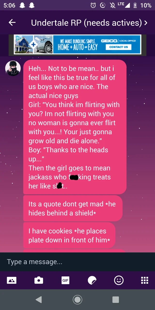A screenshot of a 'Nice Guy' rant posted inside an Undertale roleplay chat, mixing complaints with in-character actions.