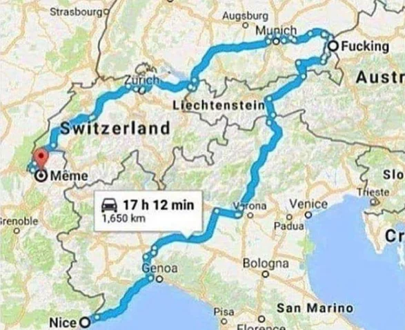 A viral Google Maps route joke connecting the towns of Nice, Mème, and Fucking to spell out the phrase 'nice meme fucking'.