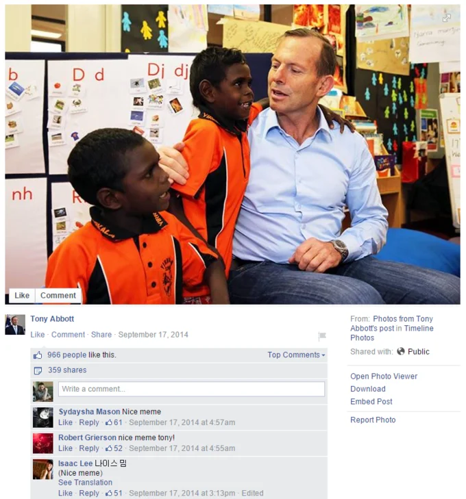 Tony Abbott's 2014 Facebook post became a notable early instance of 'Nice meme' comment spam that helped popularize the phrase.