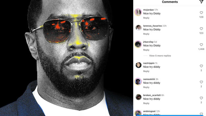 Diddy portrait paired with meme comment spam.