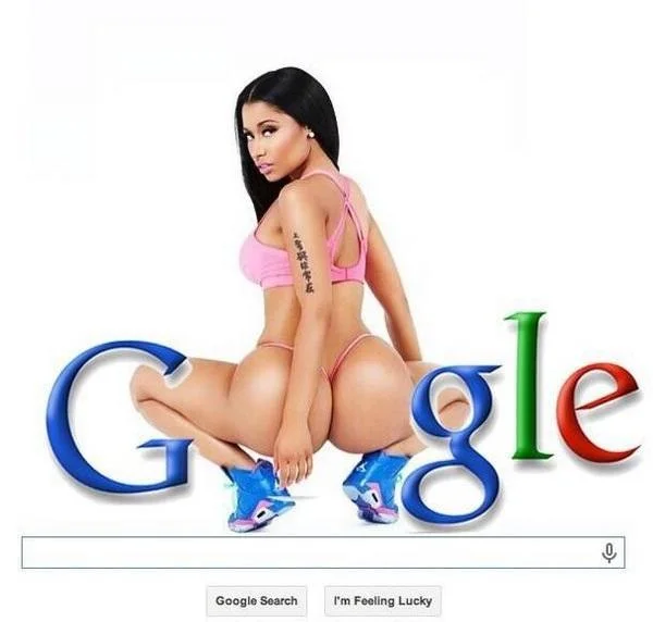 A viral photoshop places Nicki Minaj's iconic Anaconda squat pose atop the Google search homepage.
