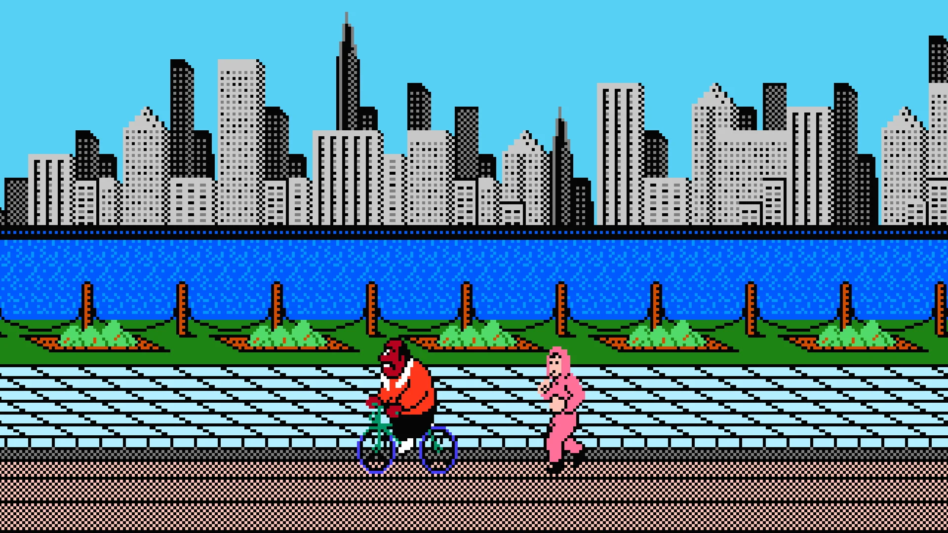 The iconic Punch-Out!! bonus round scene that inspired the 'Nigga Stole My Bike' catchphrase, depicting the training jogger chasing after a cyclist.