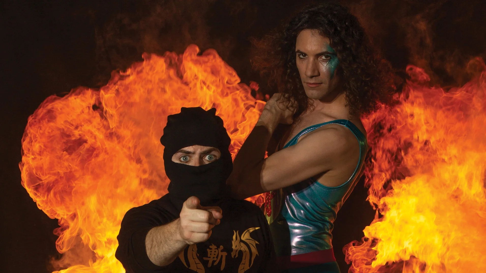 Ninja Sex Party's Danny Sexbang and Ninja Brian in a promotional photo showcasing the band's signature theatrical aesthetic.