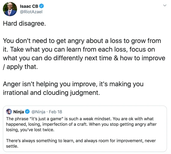 A serious rebuttal from @RiotAzael arguing that anger is counterproductive to self-improvement.