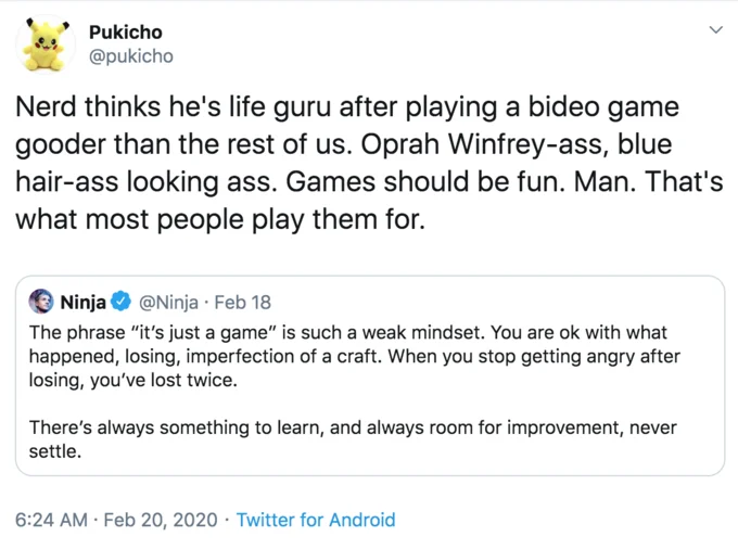 Pukicho's widely shared reaction ridiculing Ninja for treating video games with excessive seriousness.
