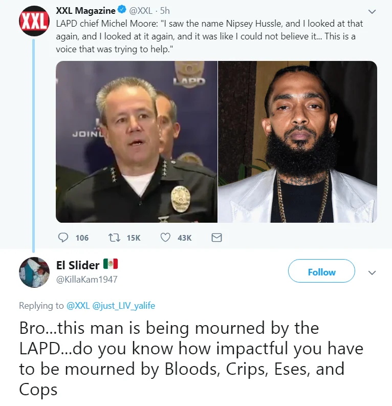LAPD Chief Michel Moore publicly recognized Nipsey Hussle as 'a voice that was trying to help,' highlighting the rapper's influence across communities that rarely align.