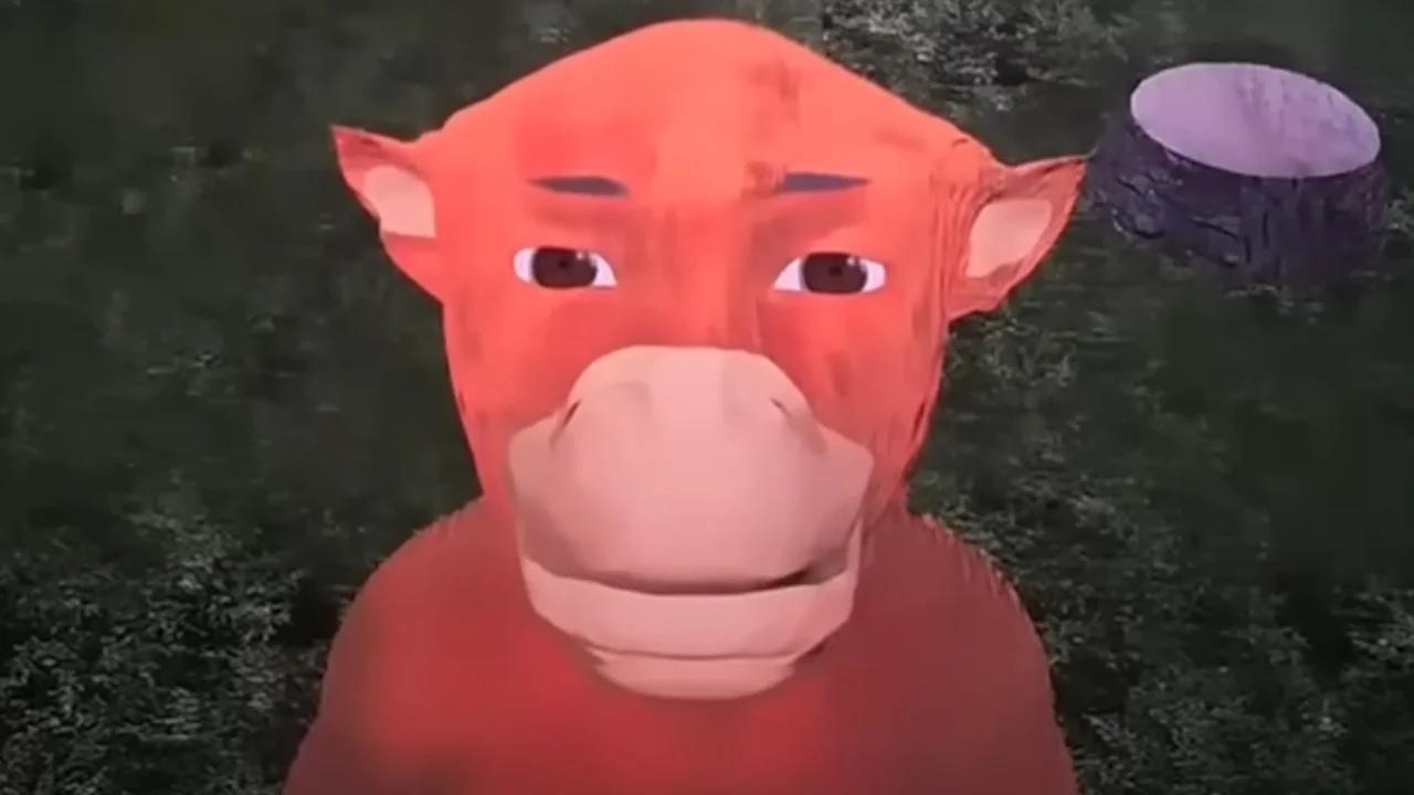 The iconic close-up of the red bull character from the Chinese animated film Niu Lai that fueled the meme's viral spread.