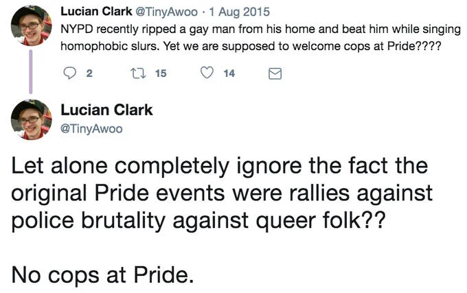 Twitter post explaining 'No Cops At Pride' origins.