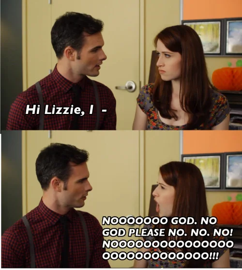 A parody reaction from another TV show riffing on the 'No, God, Please, No!' meme format.