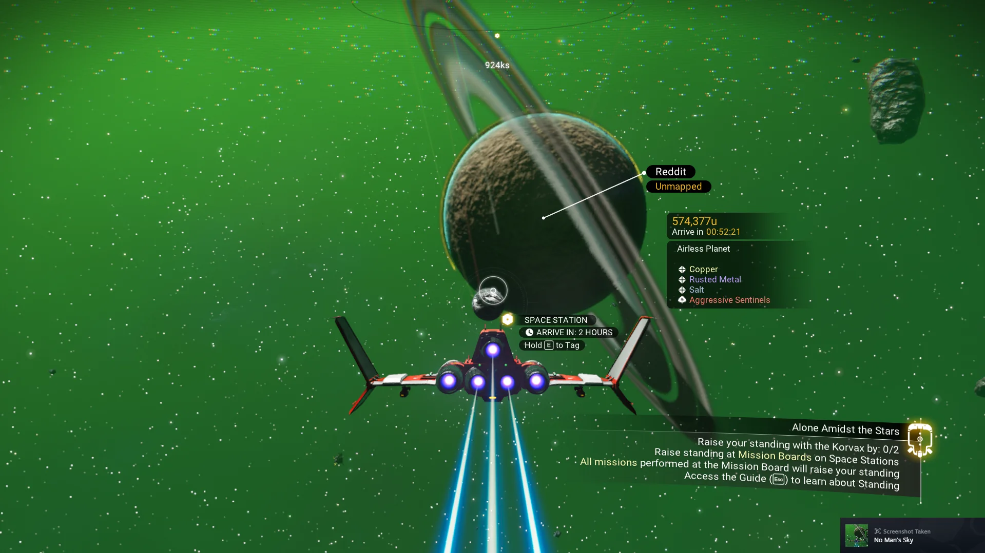 An in-game screenshot from No Man's Sky showing a discovered planet humorously named 'Reddit' in an alien star system.