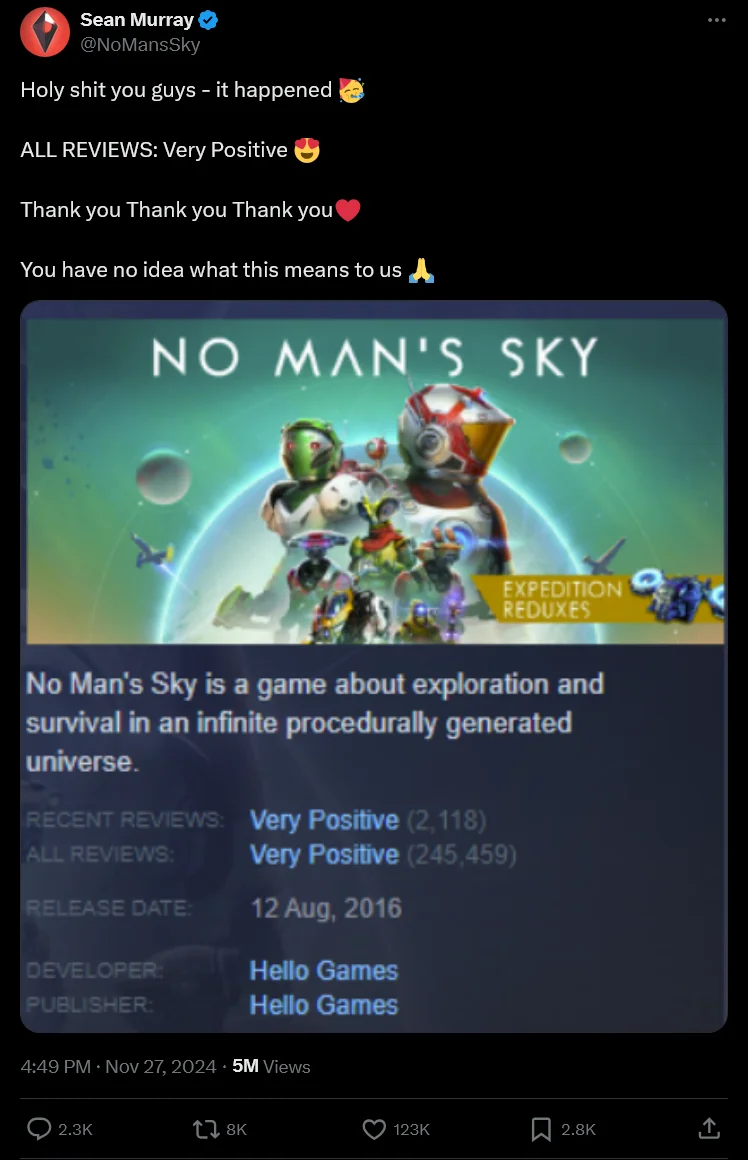 Sean Murray's 2024 tweet marking the moment No Man's Sky finally achieved a 'Very Positive' rating across all Steam reviews after years of updates.