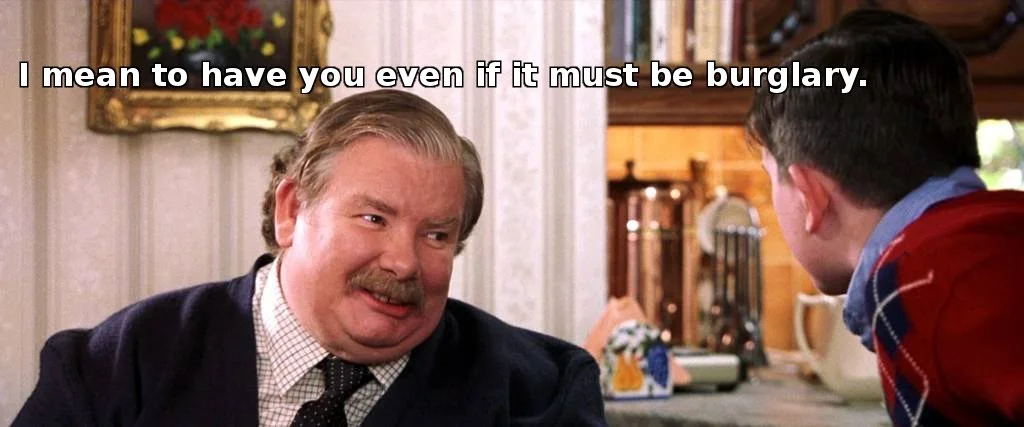 Another Uncle Vernon screencap from the same Harry Potter breakfast scene where the 'No post on Sundays' line originates.