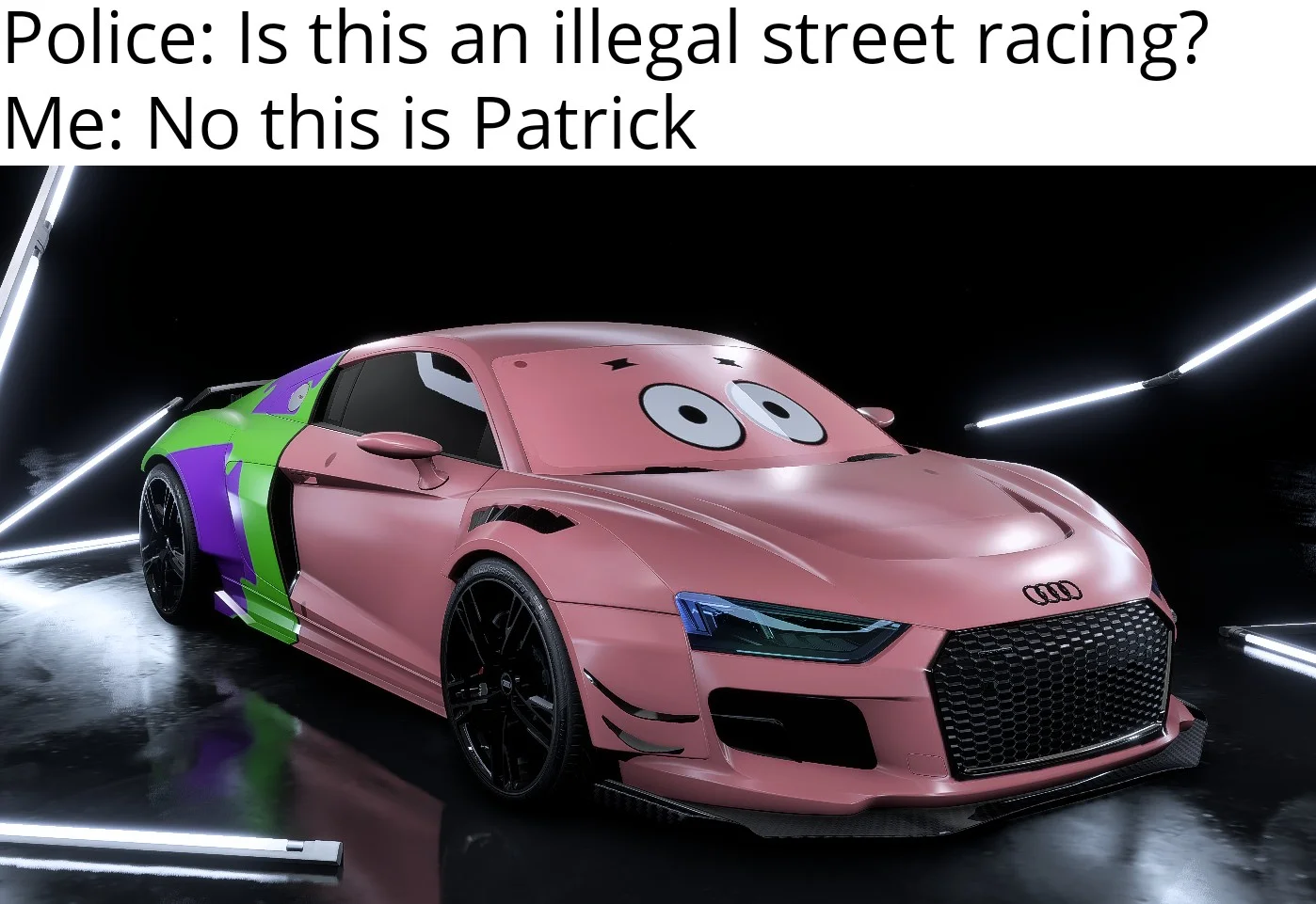 A meme remix applying the 'No this is Patrick' punchline to a photoshopped Patrick-faced sports car.