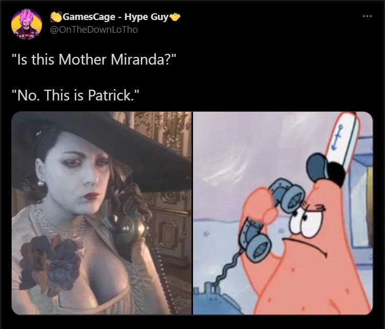 A 2021 Twitter post applying the 'No, this is Patrick' format to Resident Evil Village character confusion between Lady Dimitrescu and Mother Miranda.