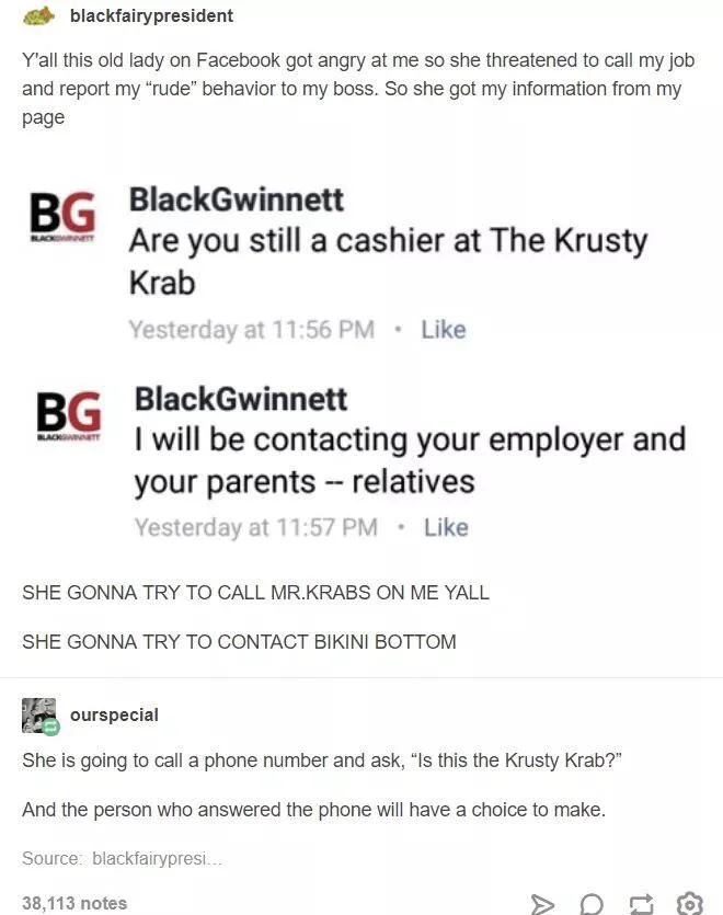 A viral Tumblr text post riffing on the 'No, this is Patrick' punchline via a real-life Krusty Krab phone call scenario.