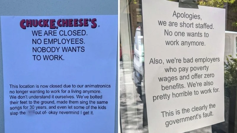Chuck E. Cheese and employer satire sign parodies.