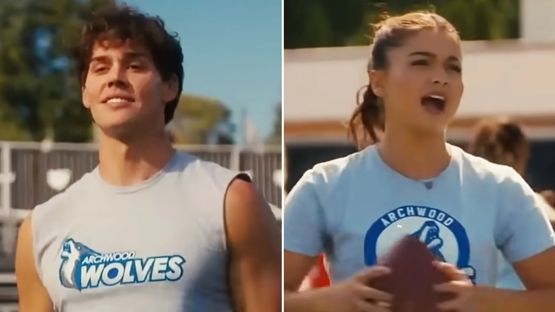 Side-by-side stills from the scene that spawned the 'Not My Name, Quarterback' meme, featuring the two Archwood Wolves characters.