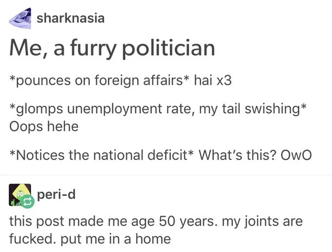 Furry politician parody with policy commentary.