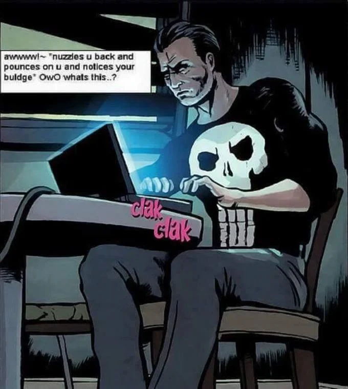 Punisher comic juxtaposed with furry copypasta.