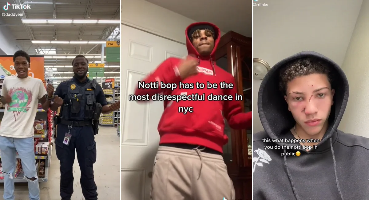 A collage of viral TikTok clips illustrating the Notti Bop dance trend, including reactions calling it 'the most disrespectful dance in NYC' and warnings about the consequences of performing it in public.