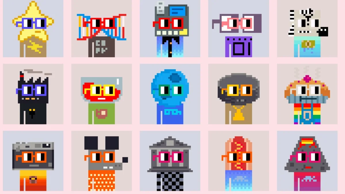Nouns DAO - NFT project creating new 32x32 pixel avatars daily. The Noggles glasses became iconic in crypto culture.