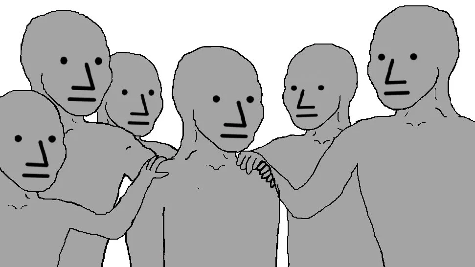 Iconic NPC Wojak cluster meme representation.