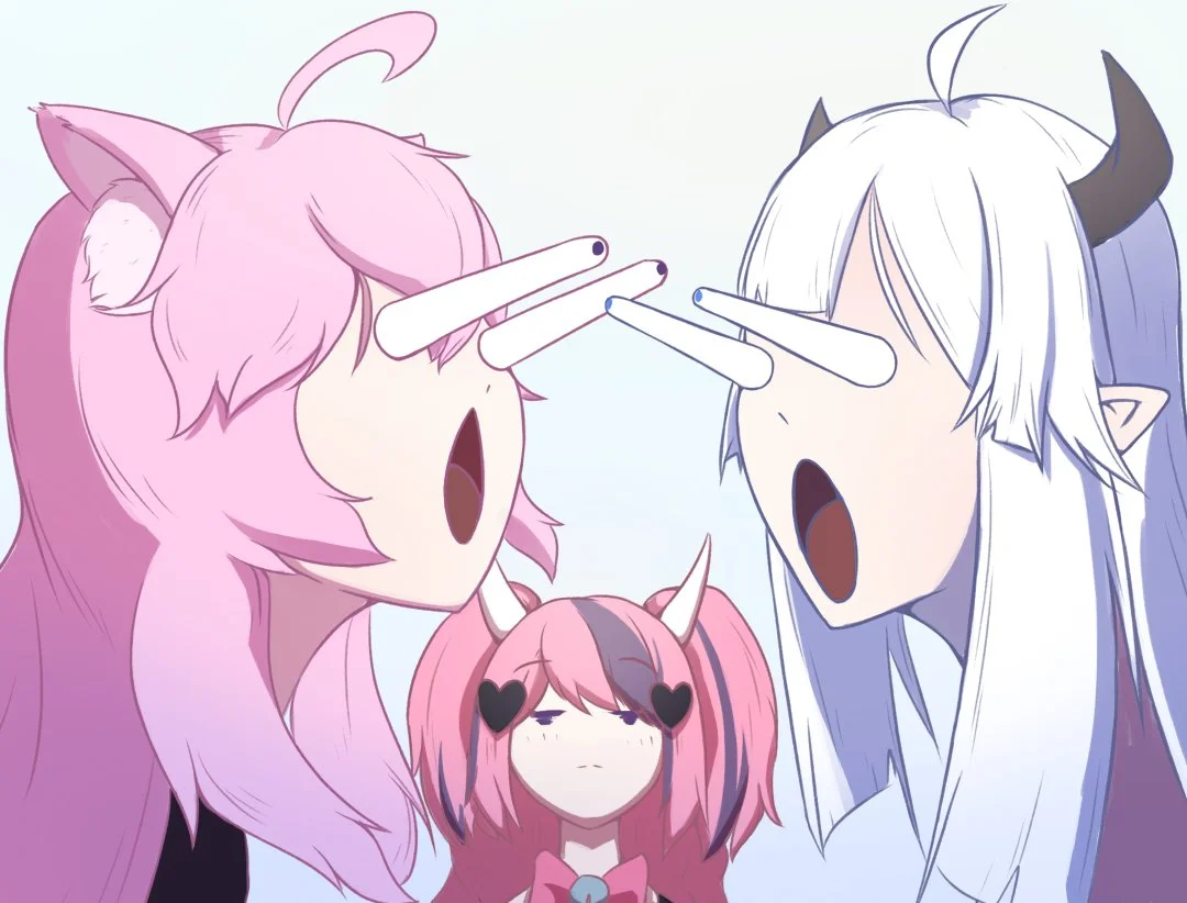 Fan art of the Nyanners and Ironmouse VShojo VTubers reacting with censor-bar shock to a smaller character below.