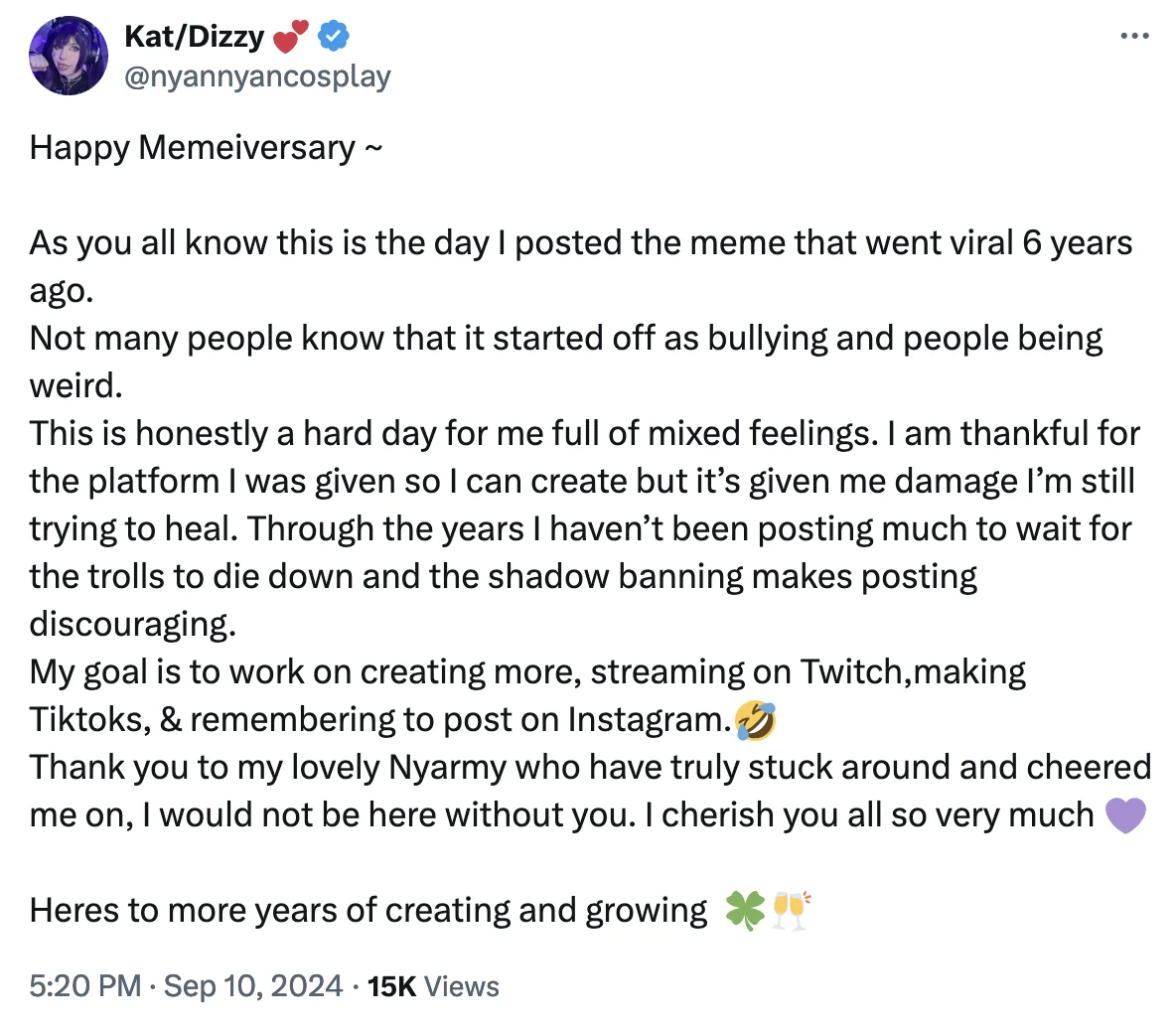 NyanNyanCosplay's 2024 tweet reflecting on the viral meme's impact and her journey as a creator.