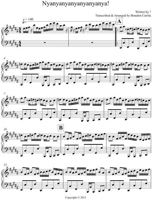 Fan-made piano sheet music transcription of the Nyanyanyanyanyanyanya song, arranged by Brandon Carrita (2011).