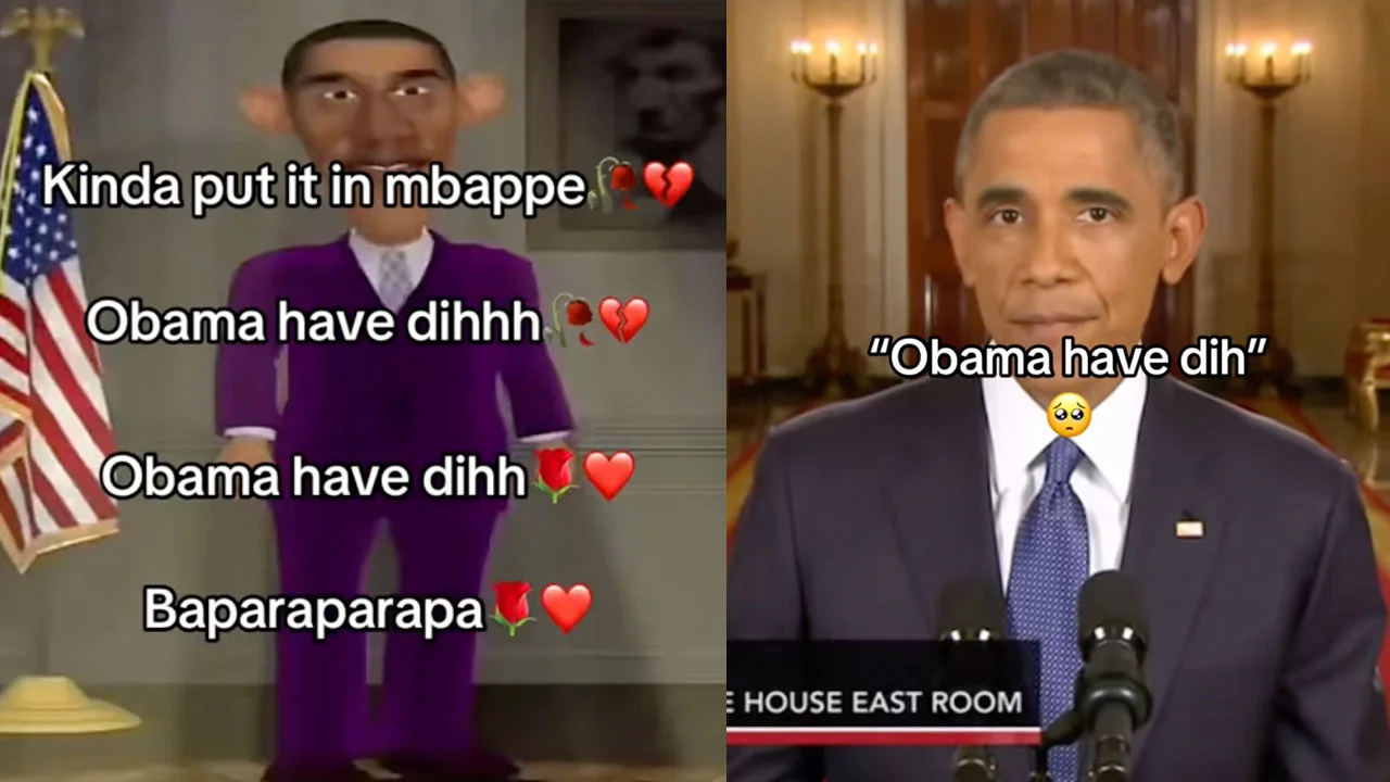 A viral TikTok-style split image pairing the animated 'Obama have dihh' character with the real Obama, featuring the meme's signature lyrics.