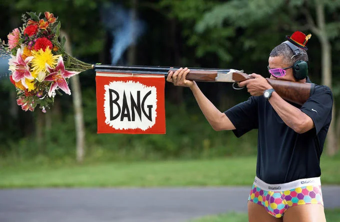 Cartoonish BANG flag parody of shooting photo.