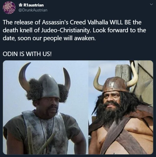 A satirical reply tweet using stereotypical horned-helmet Viking imagery to poke fun at the 'Odin is with us!' rhetoric.