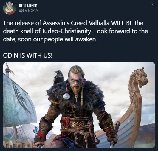 A Twitter post reacting to Assassin's Creed Valhalla's release with the 'Odin is with us!' rallying cry.