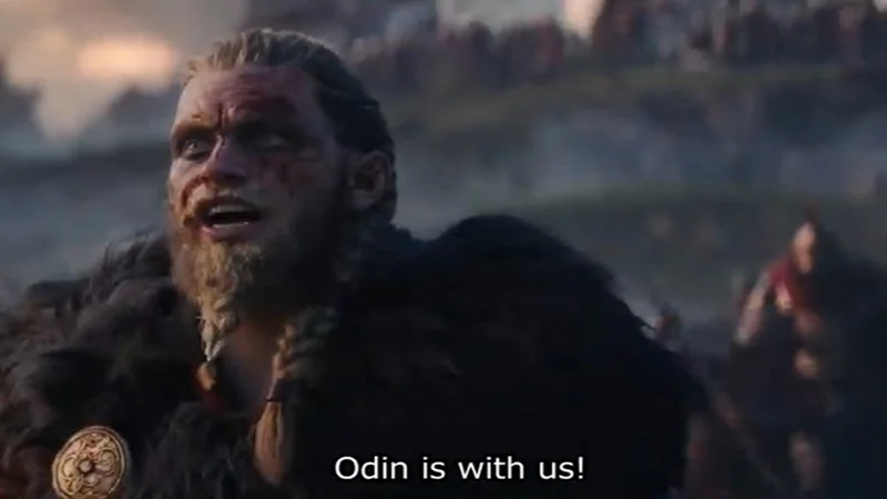 The original scene from the Assassin's Creed Valhalla cinematic trailer where Eivor shouts 'Odin is with us!' — the source of the meme.