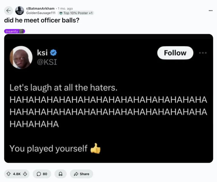 Officer Balls meme with Joker laughter reference.