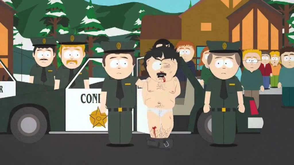 The original South Park scene where Randy Marsh delivers the iconic 'I thought this was America' line after being arrested.