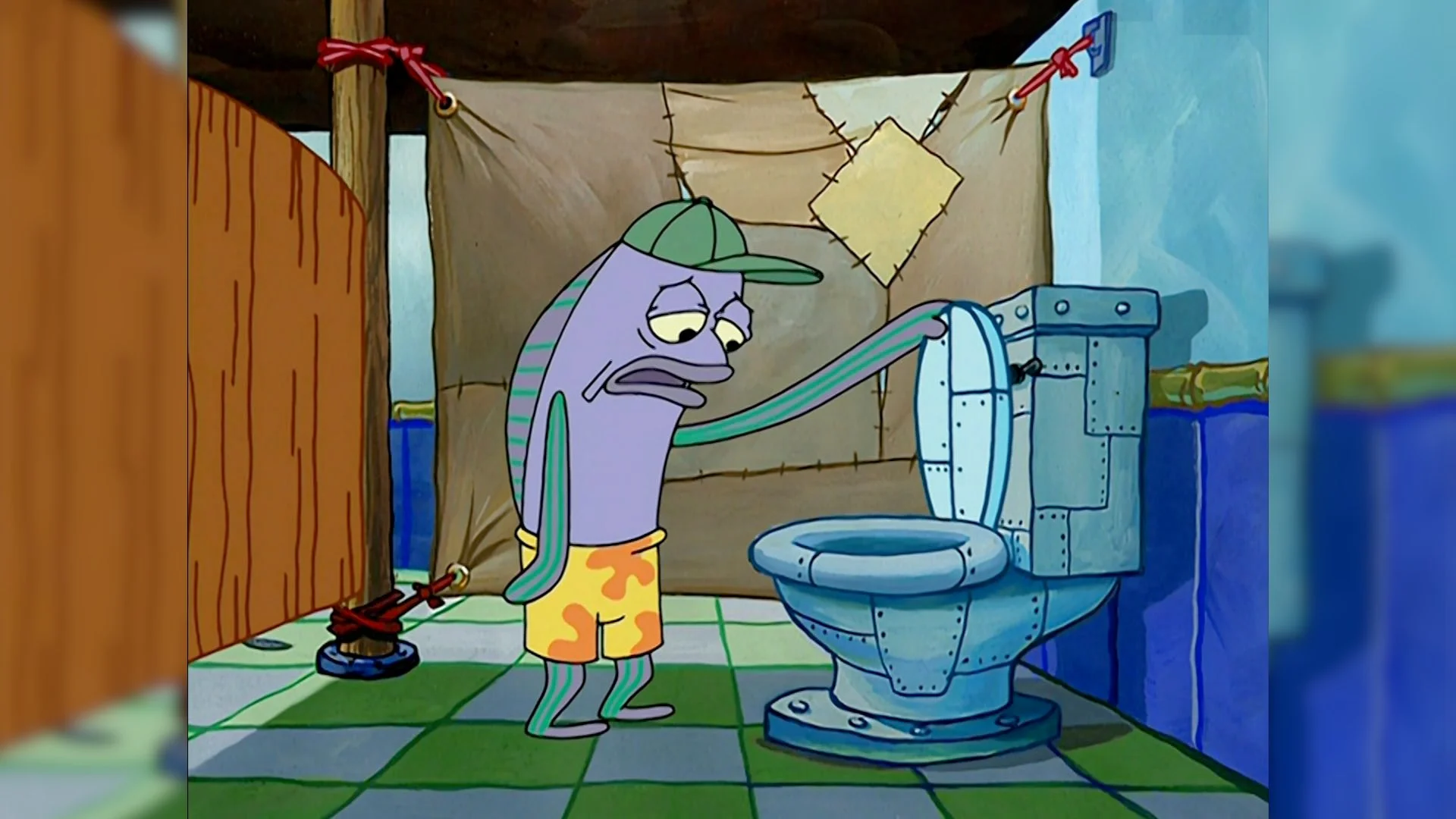 The original scene from SpongeBob SquarePants featuring the fish character peering into a toilet, which became the basis for the 'Oh That's Real Nice' meme format.