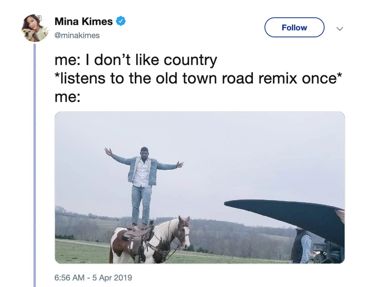 Mina Kimes Old Town Road absurdist meme.