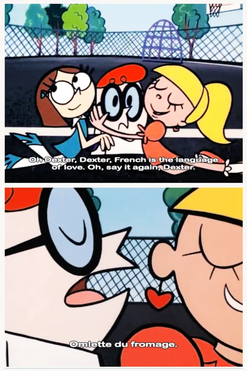 A crossover meme applying 'Omelette du fromage' to a scene from Disney's Amphibia, showing the phrase's spread beyond Dexter's Laboratory.