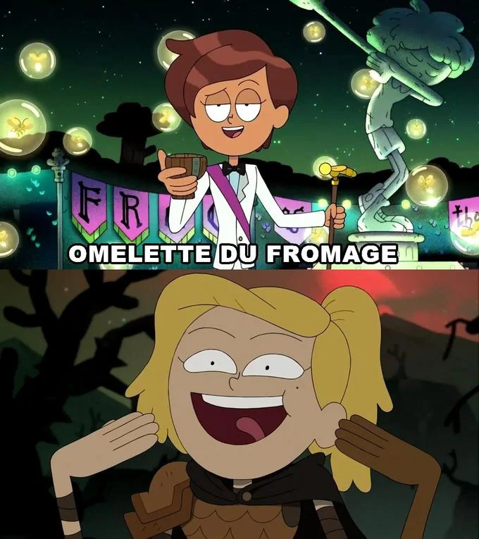 A messenger exchange demonstrating the meme's real-world use: replying only in 'omelette du fromage' variants regardless of context.