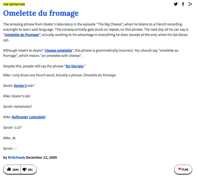 The Urban Dictionary entry defining 'Omelette du fromage' and tracing it back to the Dexter's Laboratory episode 'The Big Cheese'.