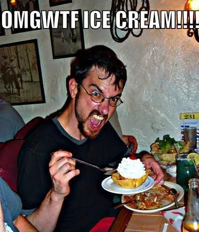 A humorous variation substituting 'BBQ' with 'ICE CREAM' in the classic internet expression format.