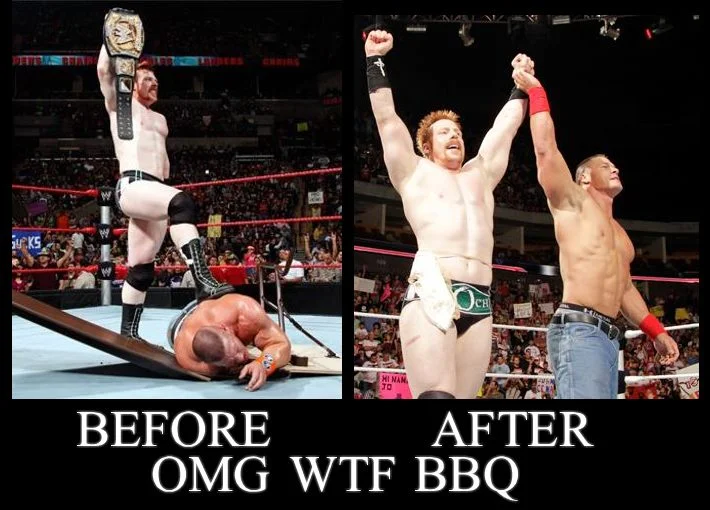 A WWE-themed variation using Sheamus photos to illustrate a transformation with the OMGWTFBBQ caption.